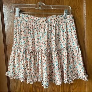 Anthropologie Indikah Pink and Blue Smocked Tiered Mini Skater Skirt